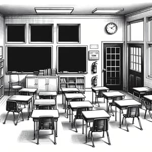 Classroom Sketch: Windowed Classroom Scene with Blackboard and SMART TV