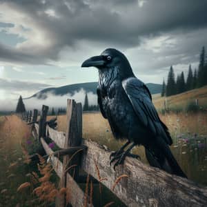 Black Raven on Old Wooden Fence under Cloudy Sky