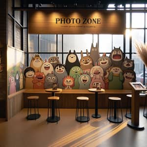 Cozy Coffee Shop with Cartoon Characters Photo Zone