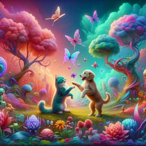 Enchanting Cat and Dog Play in Fantastical Garden