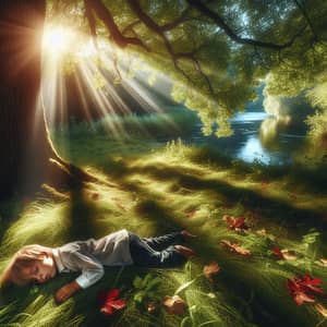 Tranquil Image of Unconscious Child on Grass Near River