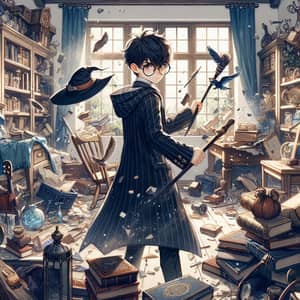 Young Wizard Destroying Whimsical Room with Magical Objects
