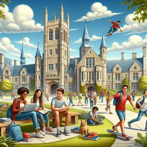 Vibrant University Scene: Diverse Students and Grand Architecture