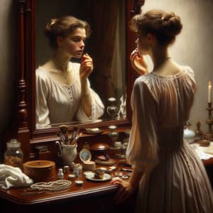 Woman Preparing in Front of Mirror | Oil Painting