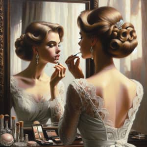 Caucasian Woman Prepares in Front of Mirror - 19th Century Realism Painting