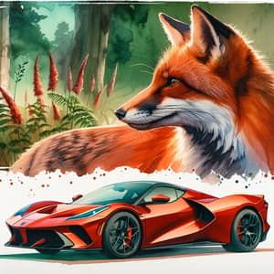 Reddish-Brown Fox and Vivid Sports Car: Untamed Elegance