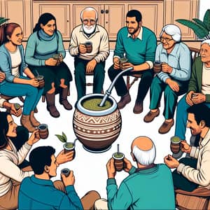 Colorful Illustration of Diverse Group Enjoying Yerba Mate in Grandparent's House