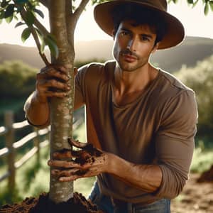 Tall Hispanic Man Planting Tree in Scenic Garden