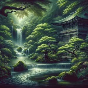 Tranquil Waterfall and Temple in Nature's Embrace