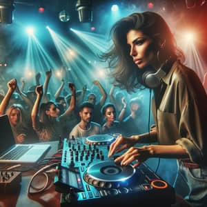 Dynamic Nightclub Scene with Middle-Eastern Female DJ and Diverse Crowd
