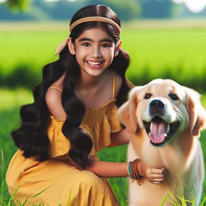 South Asian Girl Playing with Golden Retriever in Green Field