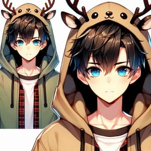 Anime Boy with Short Dark Blonde Hair in Reindeer Hoodie