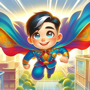Young Asian Superhero Boy with Vibrant Costume | Cityscape Background