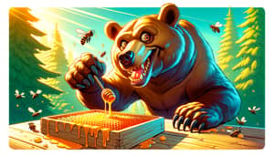 Mischievous Brown Bear Stealing Honey | Vibrant Cell Shading Artwork