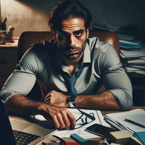 Overworked Middle-Eastern Man at Traditional Office Desk