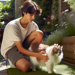 Young Boy Tenderly Petting Fluffy Cat Outdoors