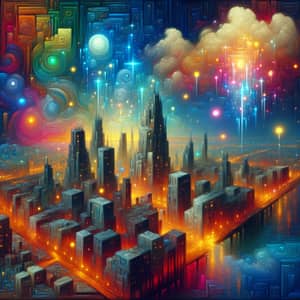 Surreal Cityscape: Glowing Neon Lights & Floating Buildings