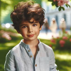 Charming Middle-Eastern Boy in Sunlit Park | Blooming Flowers