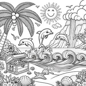 Children's Coloring Page: Island Setting with Dolphins and Treasure Chest
