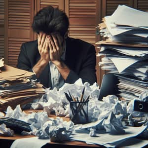 Overwhelmed Hispanic Male at Desk | Work Stress Scene