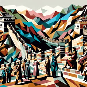 Cubist Great Wall of China Illustration with Diverse Dramatic Figures