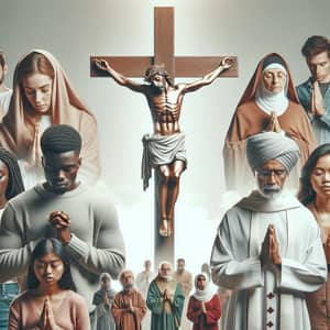 Diverse Devoted Individuals around Crucifix
