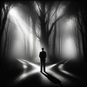 Mysterious Man at Crossroads: Enigmatic Choices in Chiaroscuro Forest