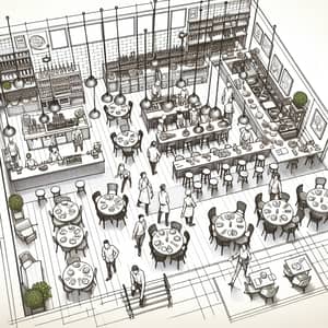 Detailed Sketch of Bustling Restaurant Interior | Best Restaurant Layout