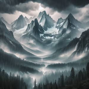 Majestic Snow-Covered Mountain Range in Rainy Day