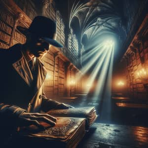 Mysterious Figure in Forgotten Library - Dark and Intense Scene