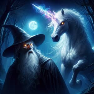 Mystical Creature vs Dark Wizard: Epic Confrontation in Moonlit Forest