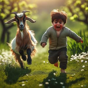 Whimsical Rural Scene: Middle-Eastern Child Running with Playful Farm Goat