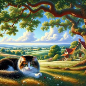 Tranquil Countryside Scene with Domestic Cat