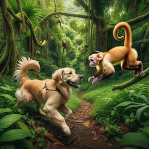 Playful Monkey and Golden Retriever Friendship in Lush Jungle