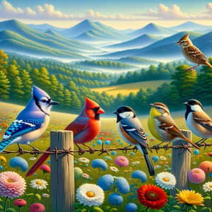 Idyllic Bird Scene with Vibrant Flowers & Blue Ridge Mountains
