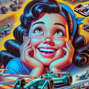 Vibrant Pixar-Style Poster: Hispanic Driver Dreaming of Formula E Racing