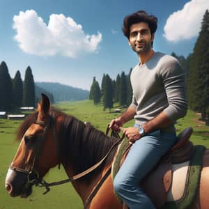 South-Asian Man Riding Chestnut Horse in Lush Green Meadow