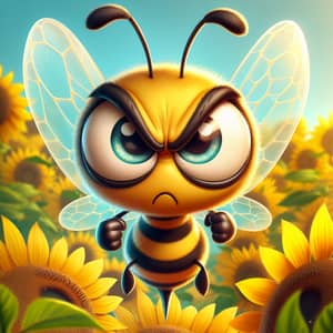 Angry Bee Cartoon - Agitated Insect Amid Sunflowers