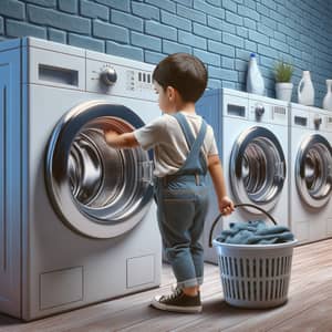 Confident Hispanic Boy Using Washing Machine | Child Appliance Interaction