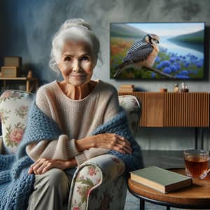 Elderly Caucasian Woman in Cozy Living Room with Large TV
