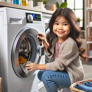 Confident South Asian Child Operating Modern Washing Machine