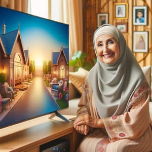 Joyful Middle-Eastern Grandmother in Cozy Living Room with Large Modern TV