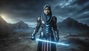 Brave Malay Teen Hijab Warrior with Blue Glowing Sword