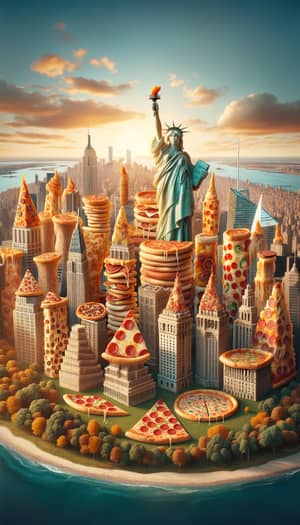 Pizza Cityscape: New York with Statue of Liberty in Pizza Form
