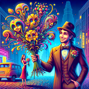 Cheerful Cartoon Man in Surreal Cityscape with Bouquet of Flowers in Salvador Dali Style