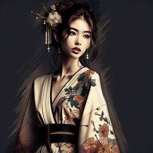 Elegant Young Woman Portrait in Japanese Art Style | Fashion Trend Spirit
