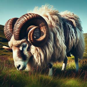 Magnificent Ram Grazing in Lush Meadow | Wildlife Photography