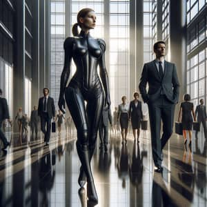 Female Bodyguard & Spanish CEO in Futuristic Office Setting
