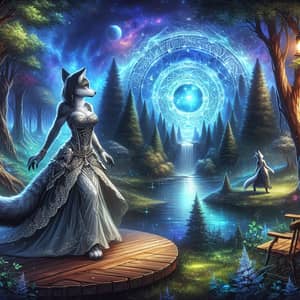 Enchanting Mystical Forest with Glowing Portal and Female Wolf