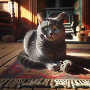 Blissful Grey Cat on Vintage Rug | Warm Sunlit Scene